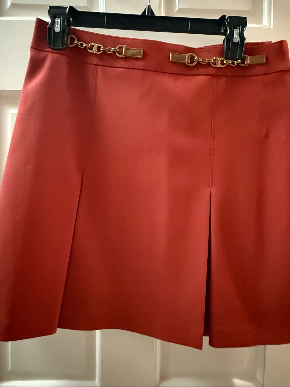Tory Burch Rust Red A-Line Skirt with Gold Chain Detail